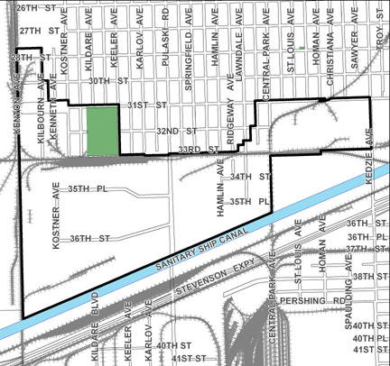 Little Village TIF district map, roughly bounded on the north by 27th Street, the Sanitary and Ship Canal on the south, Kedzie Avenue on the east, and Kenton Avenue on the west.